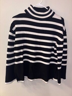 Black & White Striped Turtleneck Sweater - Women